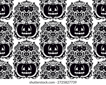 Nahtloses Halloween-Muster mit Kürbissen, Fledermäusen, floralen Ornamenten und gespenstischen Dekorelementen im skurrilen Volkskunststil. Perfekt für saisonale Textilien, Verpackungen und Urlaubsdesign