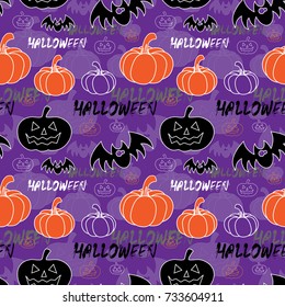 Seamless Halloween pattern. Pumpkins, bats, the words "Halloween".