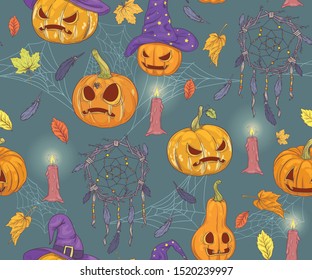 Seamless Halloween pattern with pumpkins, candles, leaves, feathers and a dreamcatcher