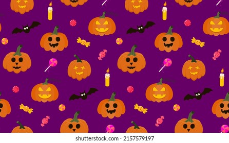 Seamless Halloween Pattern with pumpkins, candy, bat and candle. Perfect for Gift Wrapping, Home Decor and Textiles.