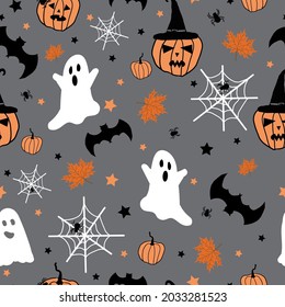 Seamless Halloween pattern . pumpkins, a cap,a web, a spider and a bat on a gray background .vector texture. trend print for banners, postcards.