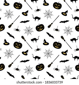 Seamless Halloween pattern with pumpkins, cats, bats, witch's hat, broom, spider and spider web.