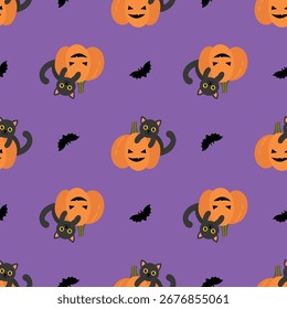 Patrón de Halloween sin fisuras con calabazas y gatos. Texturas infinitas para tu diseño	