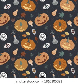 Seamless Halloween pattern with pumpkins, cobwebs, leaves, spiders, potions witchcraft elements Pumpkin pattern on a black background. Design for invitations, postcards.vector illustration