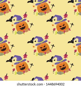Seamless Halloween Pattern with Pumpkins cute on yellow background.