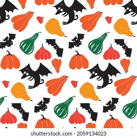 Seamless halloween pattern with pumpkins and flying monsters