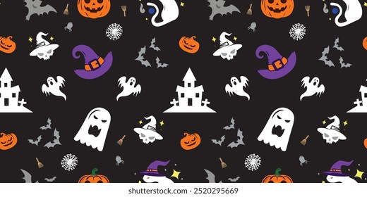 Padrão de Halloween perfeito com abóboras, fantasmas, morcegos, chapéus de bruxas e casas assombradas em um fundo preto. Perfeito para embrulhar papel, decorações de festa ou outros desenhos assustadores.