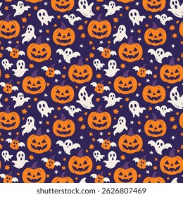 Seamless Halloween Pattern with Pumpkins and Ghosts