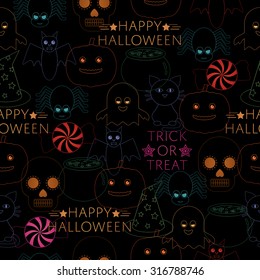 seamless halloween pattern with pumpkins, ghosts, bats, spiders and text decorations