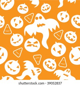 Seamless halloween pattern with pumpkins, ghosts and candy corns. Vector illustration.