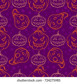 Seamless Halloween Pattern with Pumpkins on purple background. Vector illustration. Perfect for wallpaper, print, banners, poster for textiles, fashion design.