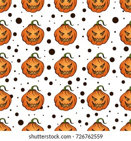 Seamless Halloween Pattern with Pumpkins on white background. Vector illustration. Perfect for wallpaper, print, banners, poster for textiles, fashion design.