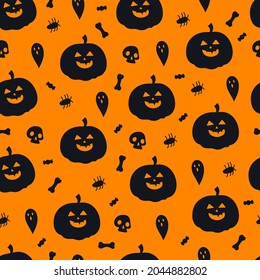 Patrón de halloween sin foco con calabazas, calaveras, fantasmas