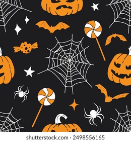 Seamless Halloween pattern with pumpkins, spider webs, bats and lollipops. Vector repeating elements on black background.