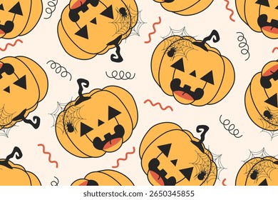 Seamless Halloween pattern with pumpkins spiders and abstract lines