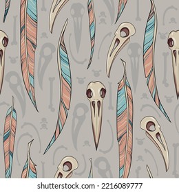 Seamless Halloween pattern of raven skulls, colorful feathers, and bones