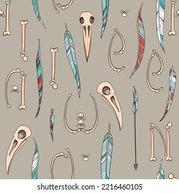 Seamless Halloween pattern of raven skulls, colorful feathers, and bones shaped letters