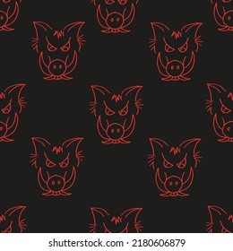 Seamless halloween pattern with red devil with big teeth and an evil look. Neon background with devil with fangs. Halloween concept.