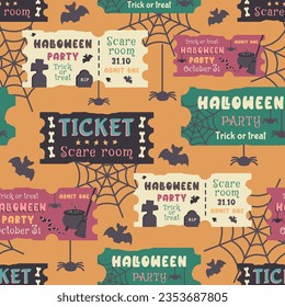 Seamless Halloween pattern. Repeated pattern on orange background with ticket and silhouette of spider, bat, tomb, cemetery, cobweb. Vector illustration for print, wallpaper fabric, wrapping