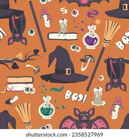 Seamless Halloween pattern. Repeated pattern on orange background with witch's hand, bat, broom, magic brew, spell book, mushrooms. Vector illustration for print, wallpaper fabric, wrapping