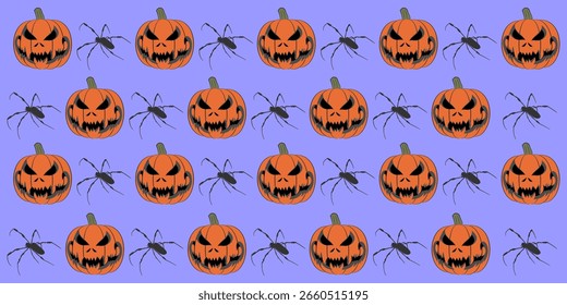 Patrón de Halloween sin fisuras con calabazas aterradoras de Jack-o'-Lantern y arañas negras sobre fondo púrpura