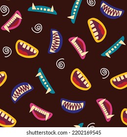 Seamless Halloween pattern with scary mouth monster on black background vector illustration