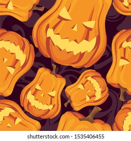 seamless halloween pattern with scary pumpkin head jack lantern with burning candles