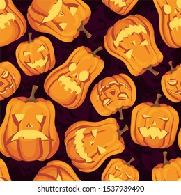 seamless halloween pattern with scary pumpkin head jack lantern with burning candles