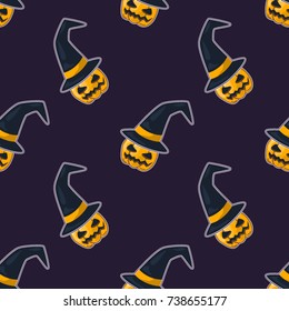Seamless halloween pattern with scary pumpkin in witch hat. Cartoon comic style vector illustration