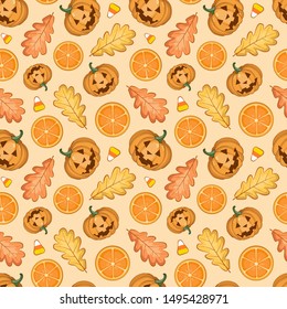 Seamless halloween pattern with scary pumpkins, oak leaves and slices of oranges for fabric, wallpaper, textile, greeting card, gift box, web design.