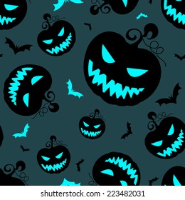 Seamless Halloween pattern with scary pumpkins and bats