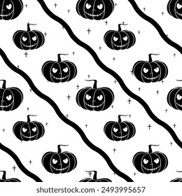 Patrón de Halloween sin fisuras. Calabazas aterradoras en tira