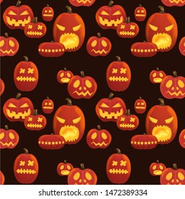 Seamless Halloween pattern with scary realistic pumpkins on black background.