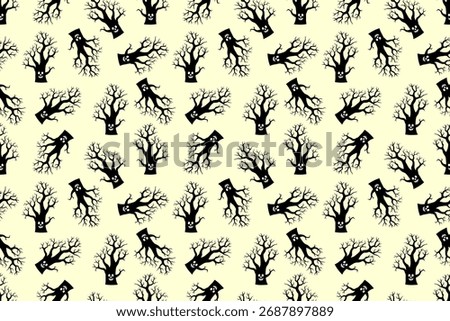 Seamless Halloween pattern, scary tree with bare branches and an ominous face. All Saints Day. National and international holiday.  For background, wallpaper, textiles, packaging, or website.