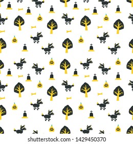 seamless halloween pattern. silhouette dog, tree