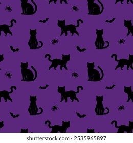 Seamless Halloween pattern with silhouettes of cats and bats purple background