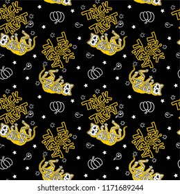 Seamless Halloween pattern with skeletons of cats. Trick or Treat.