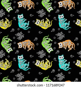 Seamless Halloween pattern with skeletons of cats. Trick or Treat.