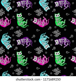 Seamless Halloween pattern with skeletons of cats. Trick or Treat.