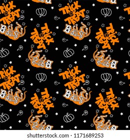 Seamless Halloween pattern with skeletons of cats. Trick or Treat.