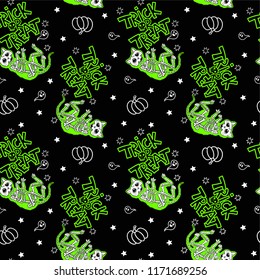 Seamless Halloween pattern with skeletons of cats. Trick or Treat.