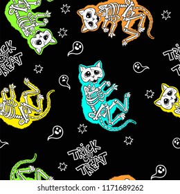 Seamless Halloween pattern with skeletons of cats. Trick or Treat.