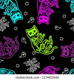 Seamless Halloween pattern with skeletons of cats. Trick or Treat.