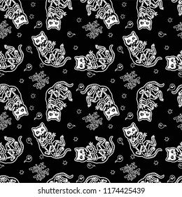 Seamless Halloween pattern with skeletons of cats. Trick or Treat.