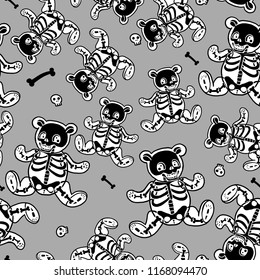 Seamless Halloween pattern with skeletons toy bear. Boo.