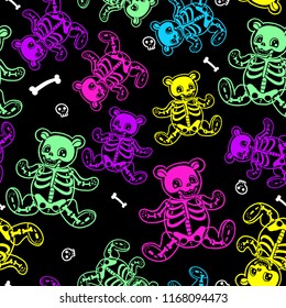 Seamless Halloween pattern with skeletons toy bear. Boo.