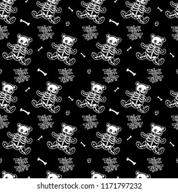 Seamless Halloween pattern with skeletons toy bear. Trick or Treat.