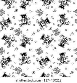 Seamless Halloween pattern with skeletons toy bear. Trick or Treat.