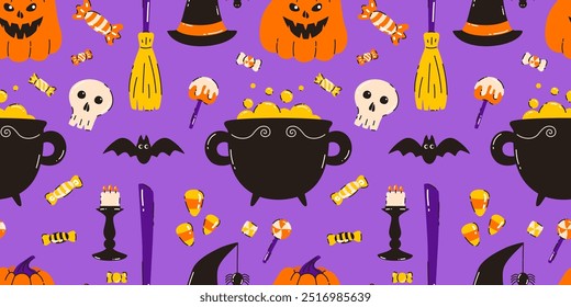 Seamless Halloween pattern. Skull, candles, hat, sweets, pumpkin, cauldron, broom. Flat vector illustration.