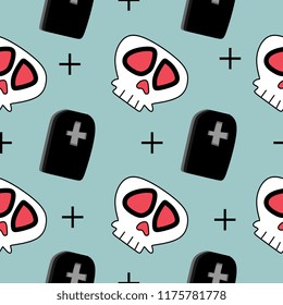 Seamless halloween pattern with skull and cemetery fun cartoon art style illustration for fashion print and wrapping.